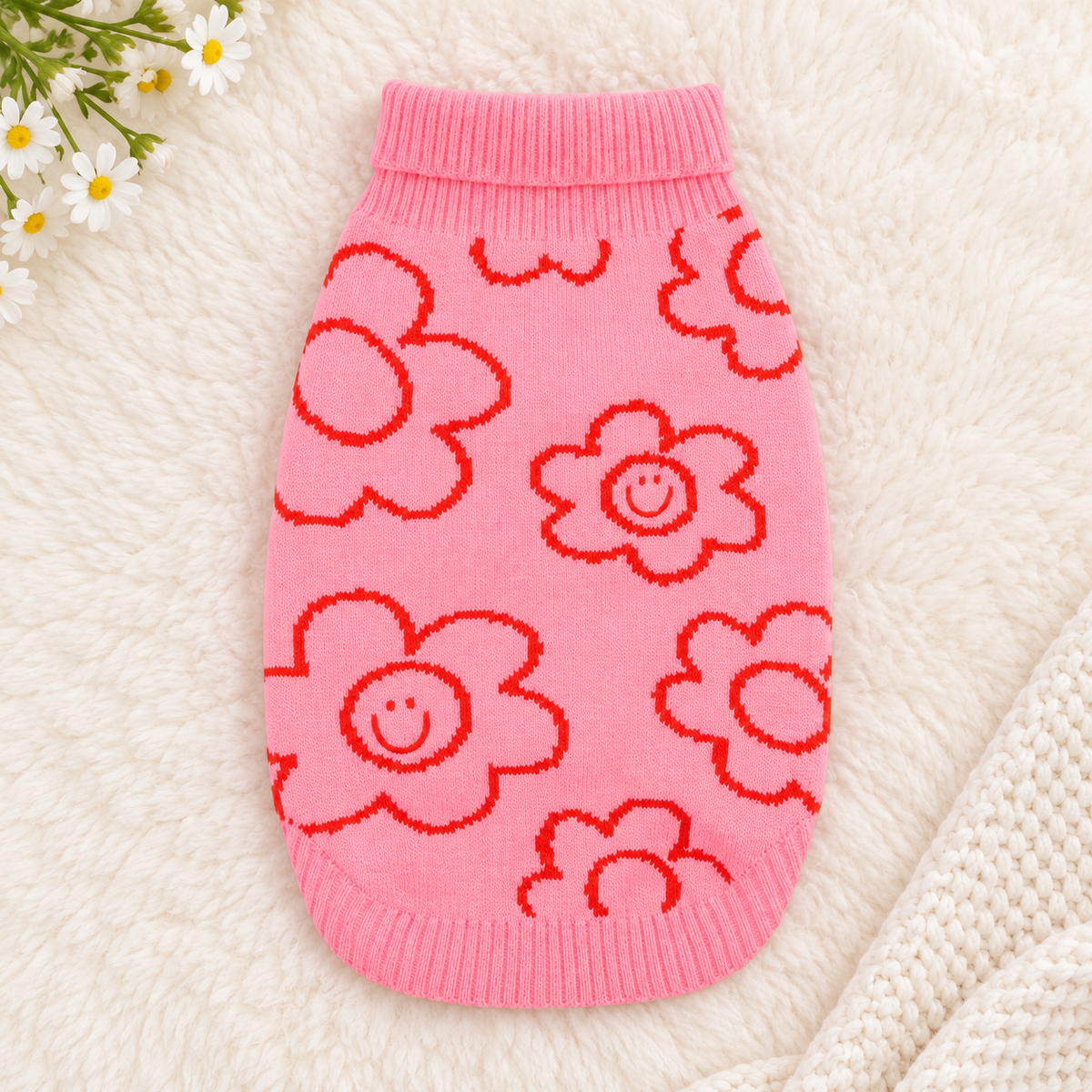 Pink Daisy Turtleneck Dog Sweater