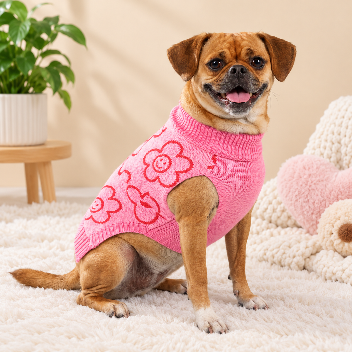 Pink Daisy Turtleneck Dog Sweater